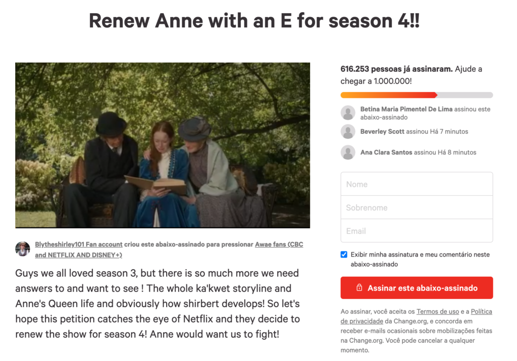 Captura de tela do abaixo-assinado pedindo mais uma temporada da série Anne With an E. Na imagem é possível observar o número atual de assinaturas: 616 mil e 253. 
