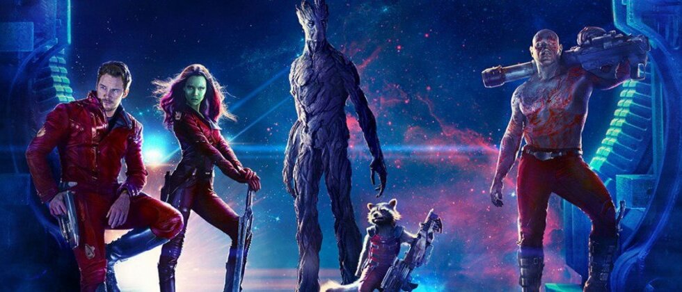 Guardiões da Galáxia formação orginal com fundo estelar