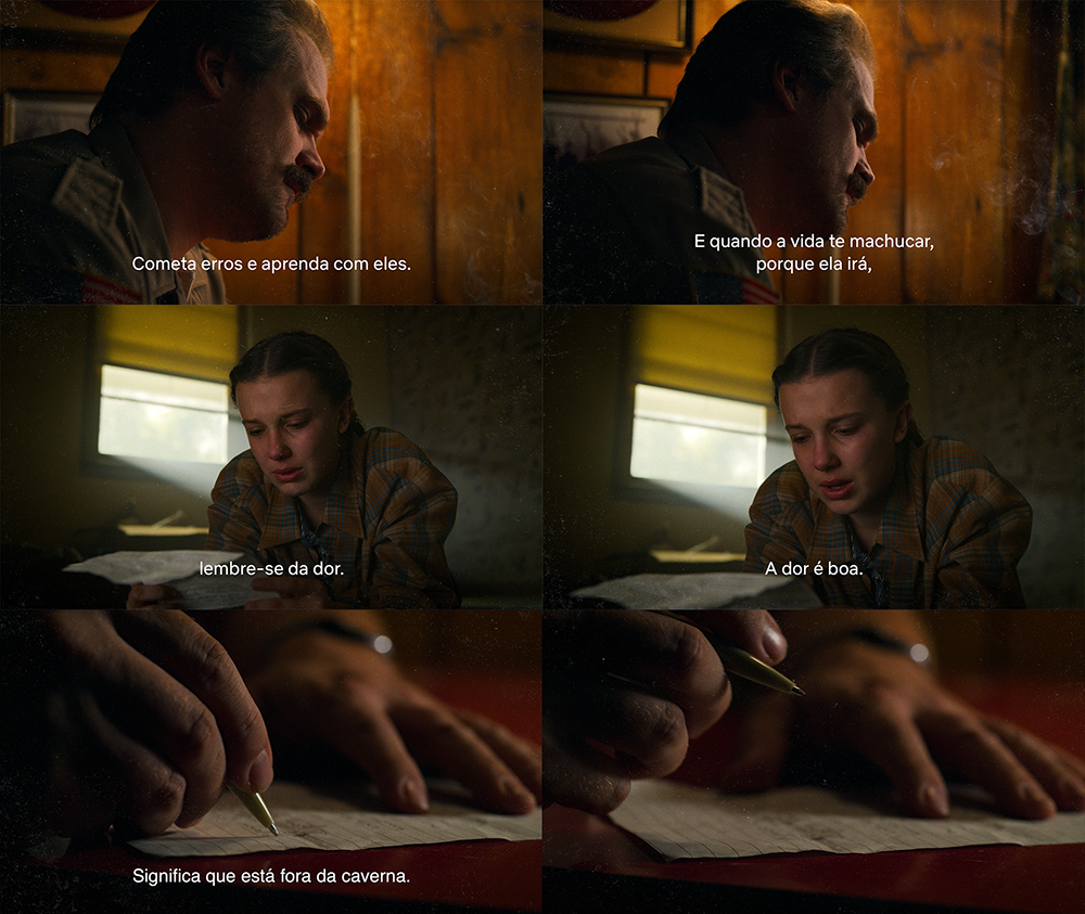 capturas de tela da cena de stranger things com o conselho deixado para eleven
